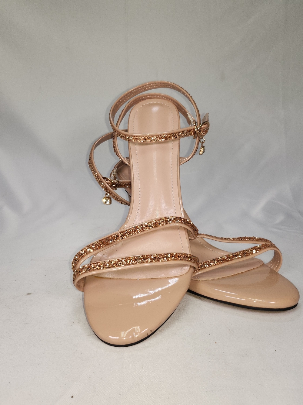 Nude Glitter-Strap Women's Dress Sandals with Ankle Wrap